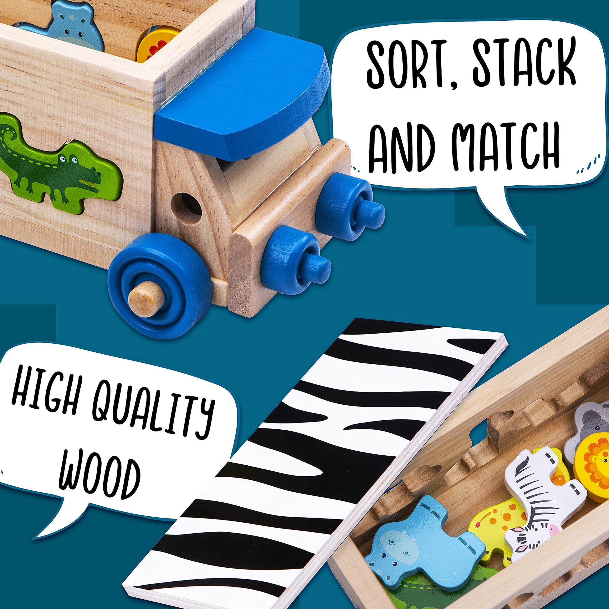 Wooden shape sorter toy featuring safari bus and animal shapes from Jaques of London for toddlers aged 1 to 3 years.