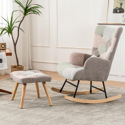 BTM nursery rocking chair with footstool, pillow, and side pocket in multicolor, suitable for living room, bedroom, or office.