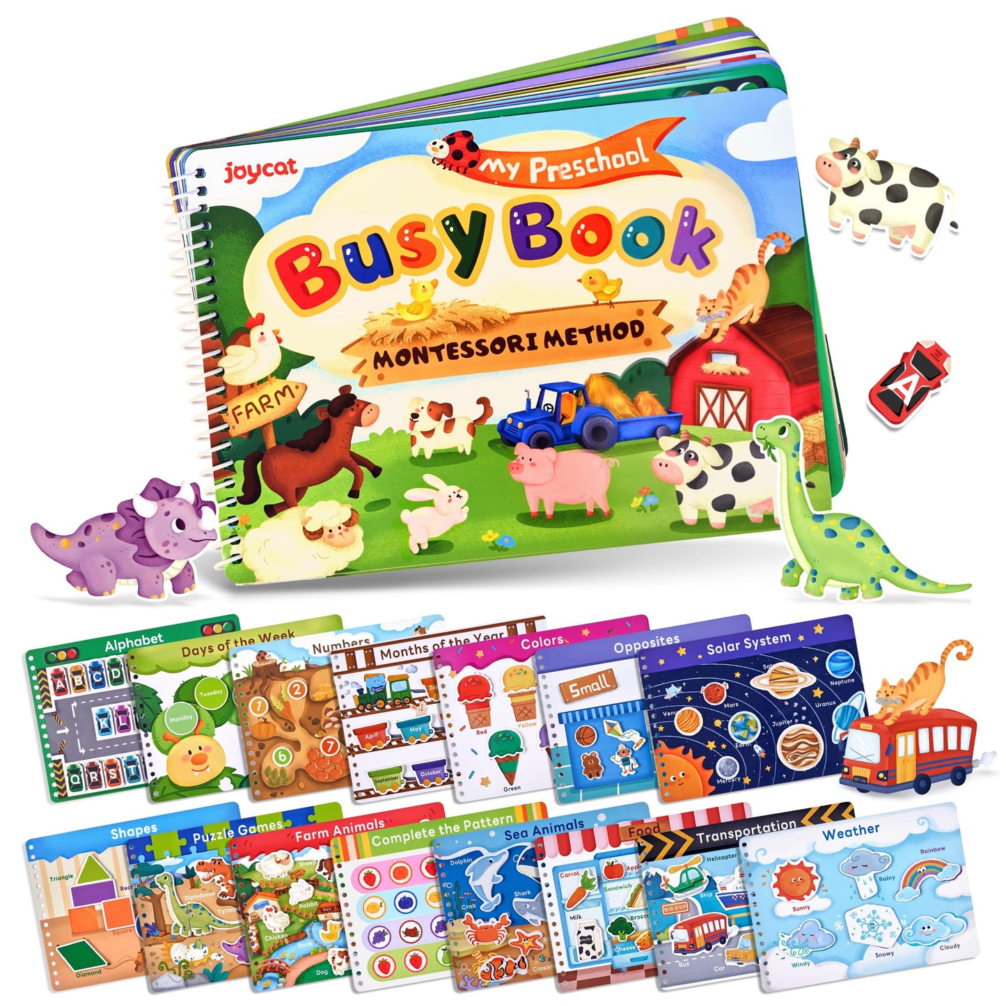 JoyCat Busy Book for Toddlers 3-5, Preschool Learning Activities, 15 Themed Educational Sensory Toys, Montessori Busy Travel Toys for Road Trip Car Plane, Back to School, Birthday Gifts for Boys Girls