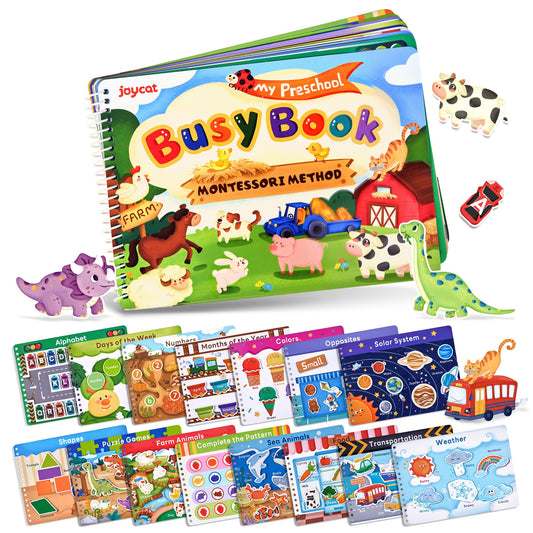 JoyCat Busy Book for Toddlers 3-5, Preschool Learning Activities, 15 Themed Educational Sensory Toys, Montessori Busy Travel Toys for Road Trip Car Plane, Back to School, Birthday Gifts for Boys Girls