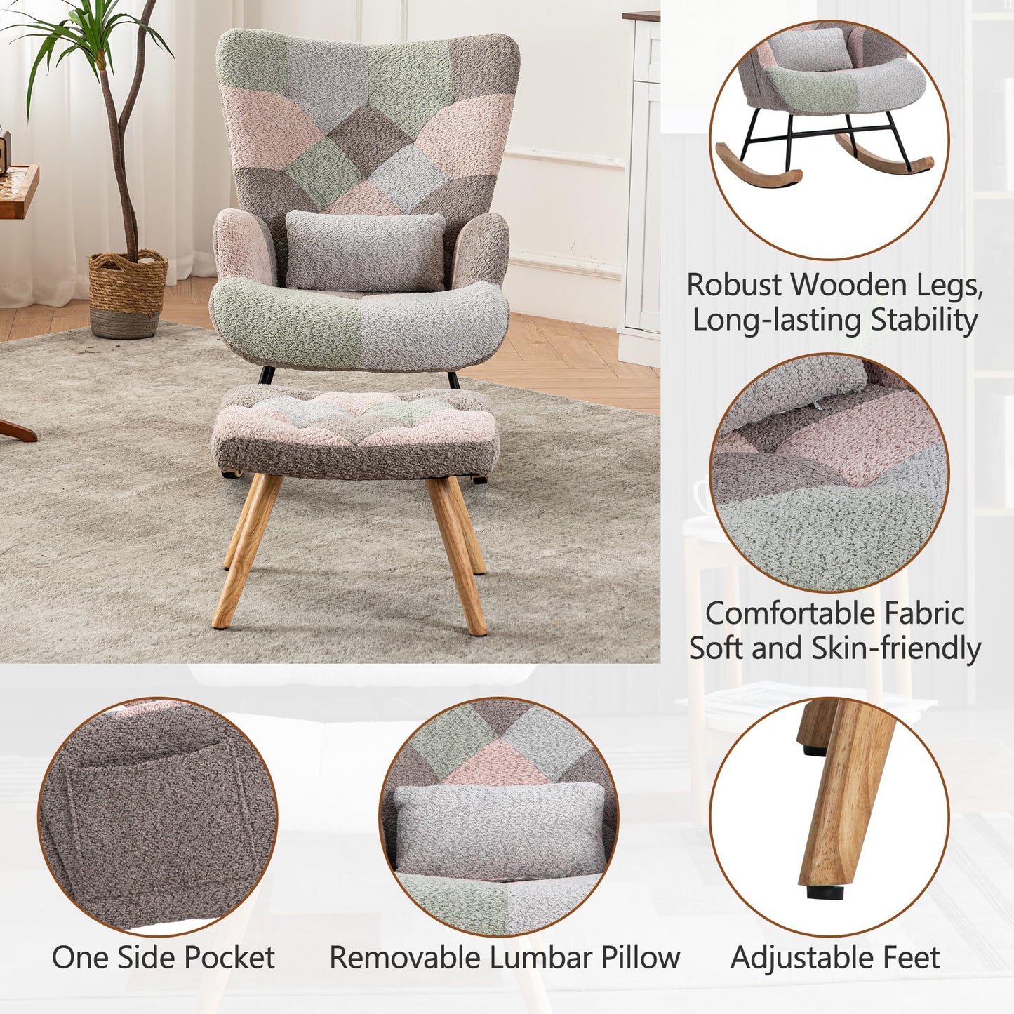 BTM nursery rocking chair with footstool, pillow, and side pocket in multicolor, suitable for living room, bedroom, or office.