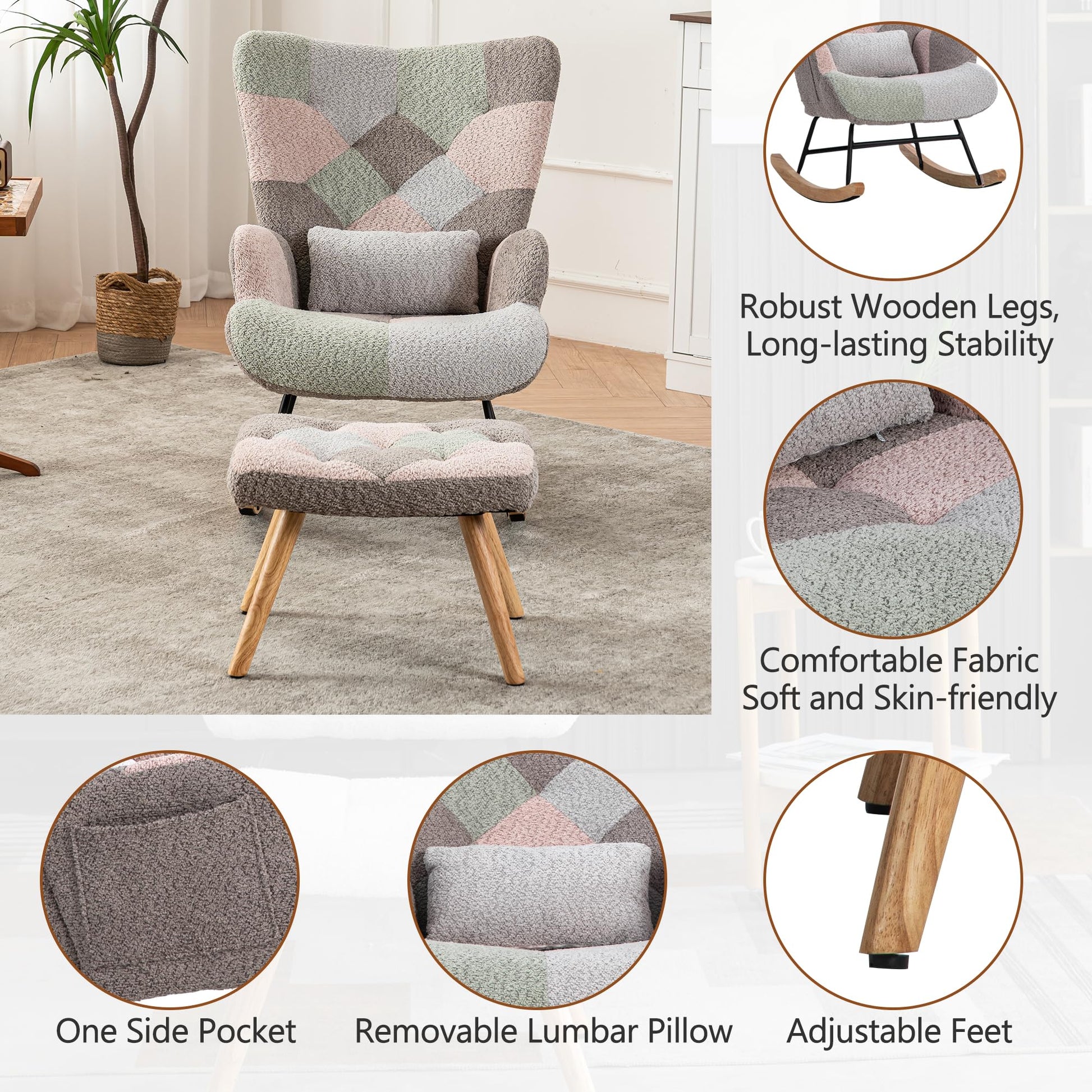 BTM nursery rocking chair with footstool, pillow, and side pocket in multicolor, suitable for living room, bedroom, or office.