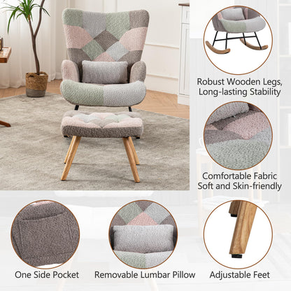 BTM nursery rocking chair with footstool, pillow, and side pocket in multicolor, suitable for living room, bedroom, or office.