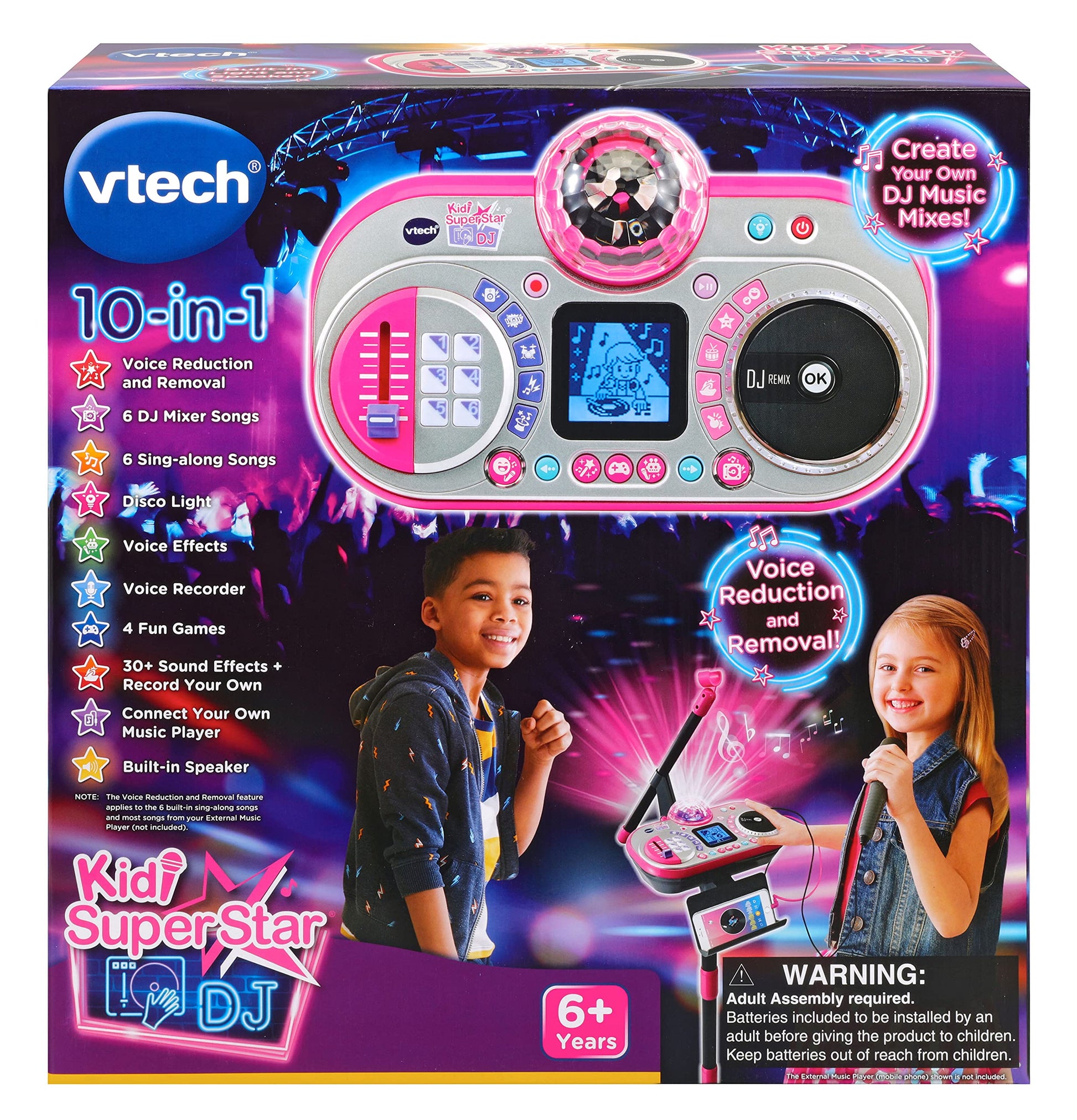 VTech Kidi Super Star DJ microphone toy for kids with sound effects, adjustable stand, color-changing disco light, and musical games.