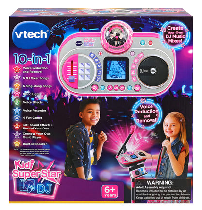 VTech Kidi Super Star DJ microphone toy for kids with sound effects, adjustable stand, color-changing disco light, and musical games.