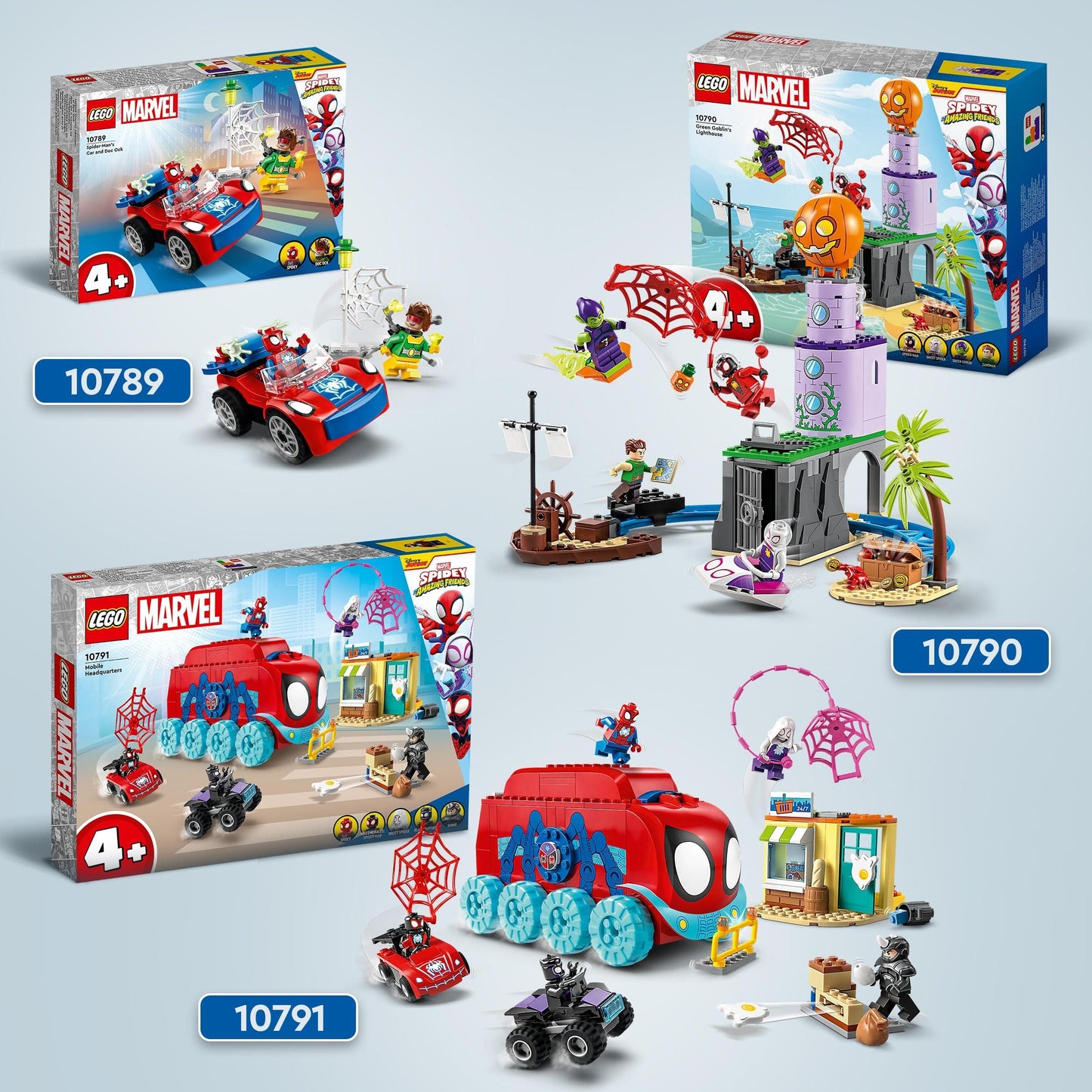 LEGO 10789 Spider-Man's Car and Doc Ock set with glow-in-the-dark pieces for kids 4+ in a colorful build scene.