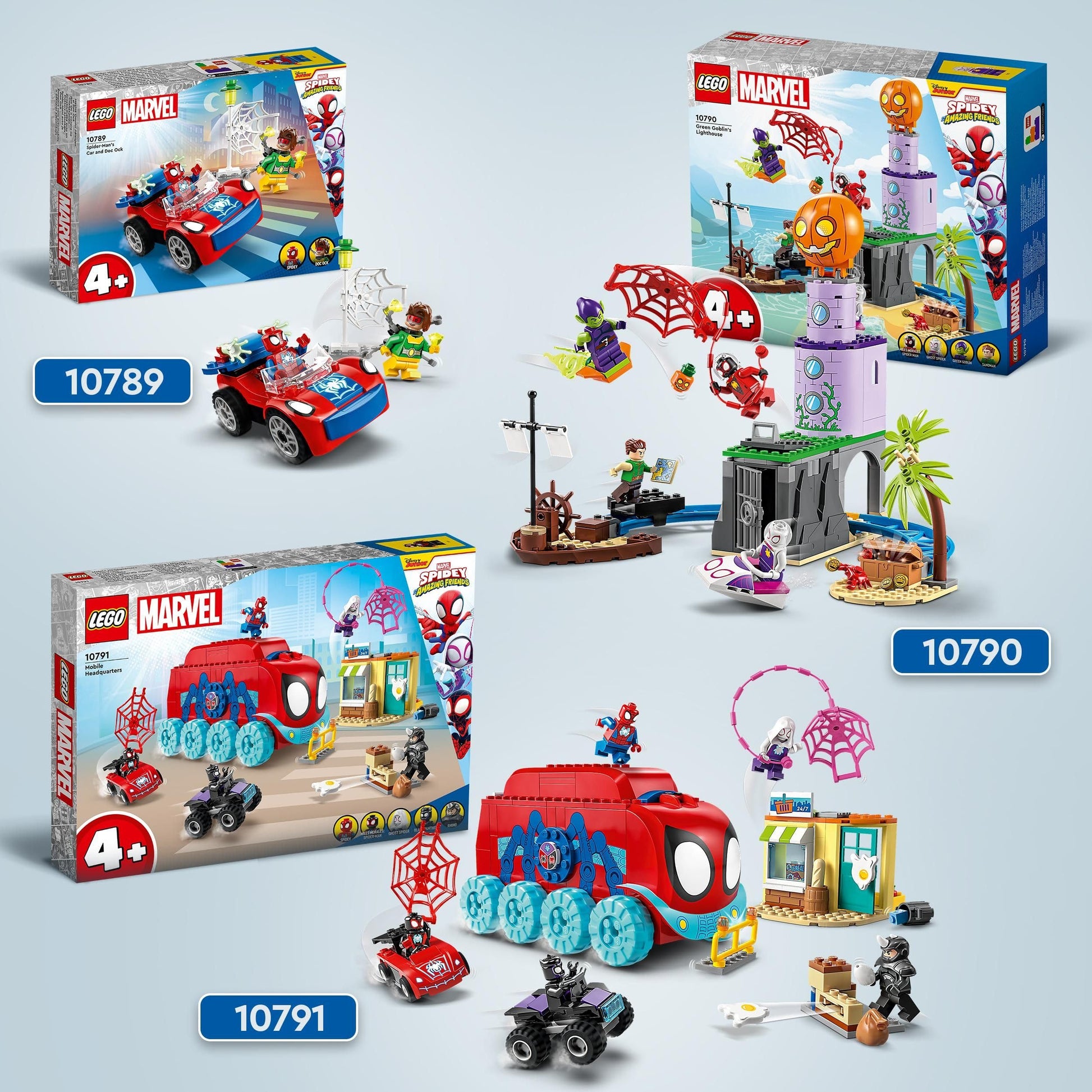 LEGO 10789 Spider-Man's Car and Doc Ock set with glow-in-the-dark pieces for kids 4+ in a colorful build scene.