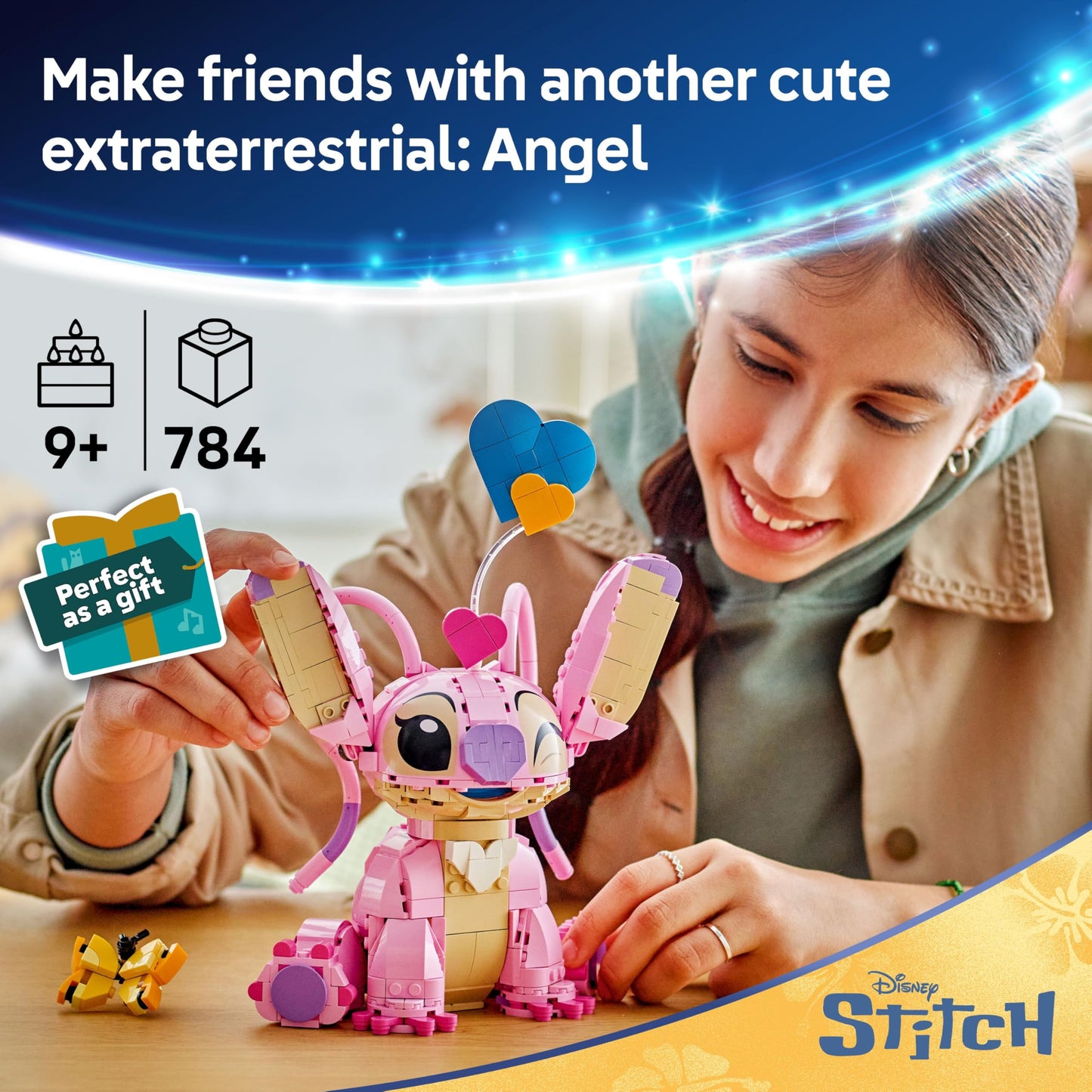 LEGO Disney Angel building toy figure with three heart balloons and a butterfly, perfect for display and imaginative play.
