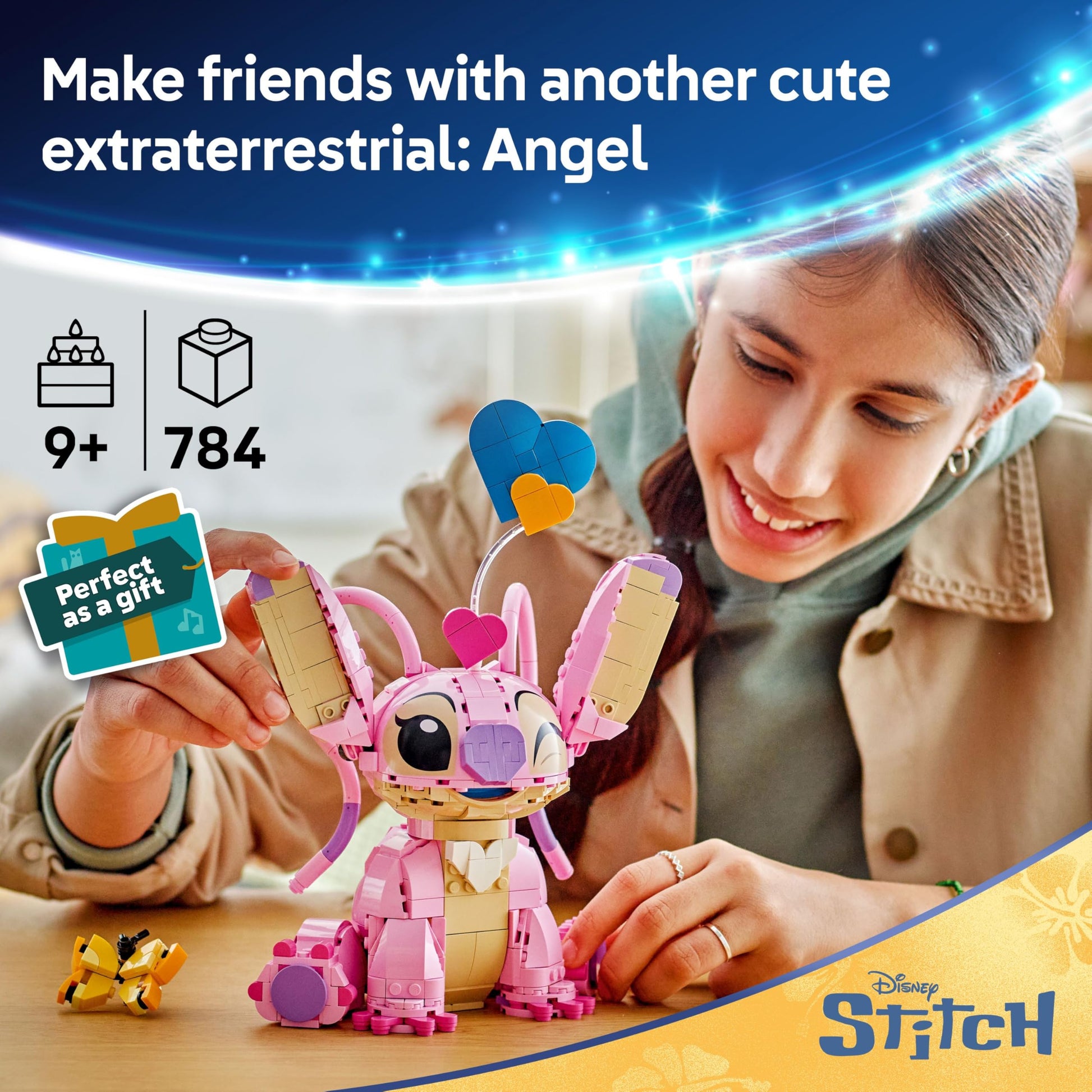 LEGO Disney Angel building toy figure with three heart balloons and a butterfly, perfect for display and imaginative play.