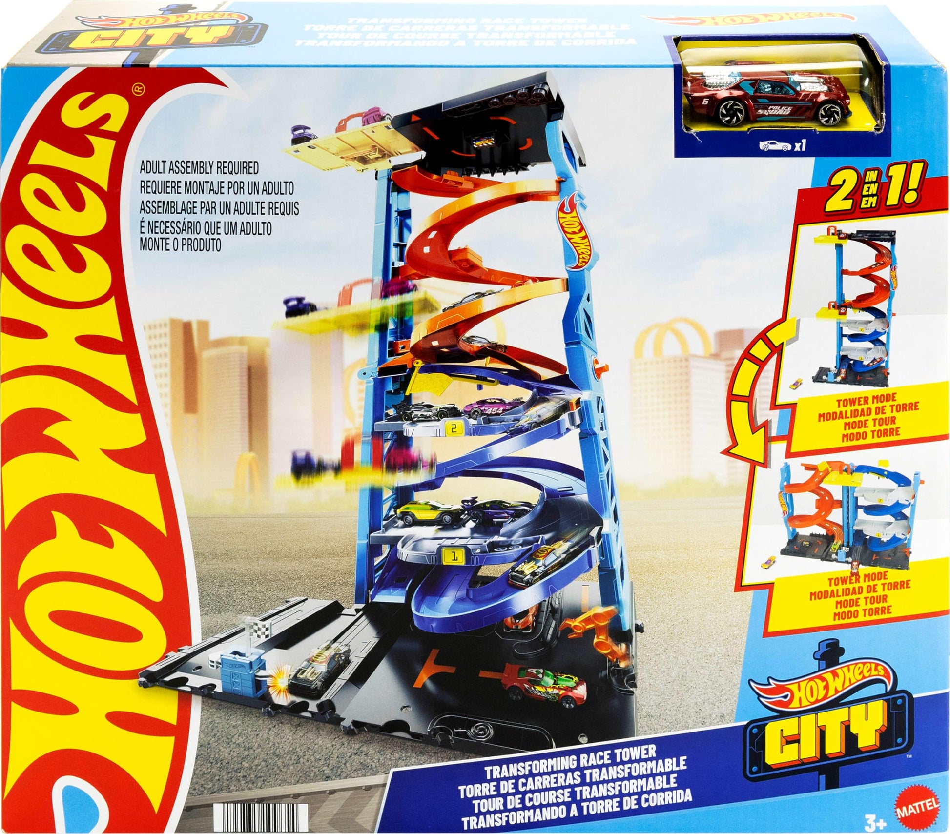 Hot Wheels City Racetrack with Transforming Race Tower, featuring 2-in-1 design and 1:64 scale toy car for racing fun.