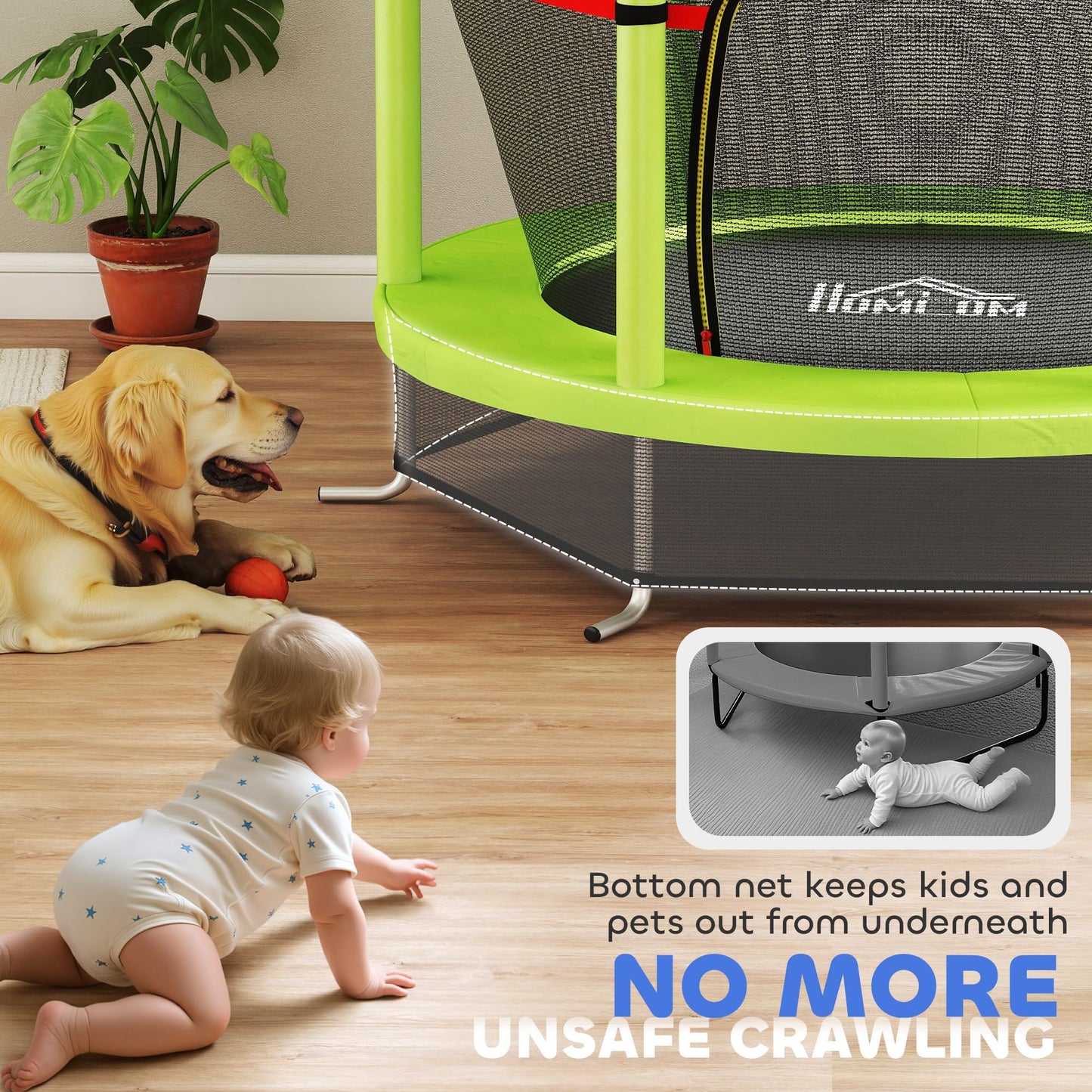 HOMCOM 4.6FT Kids Trampoline for Toddlers Indoor w/Enclosure Net, Steel Frame, for Ages 3-6 Years - Green