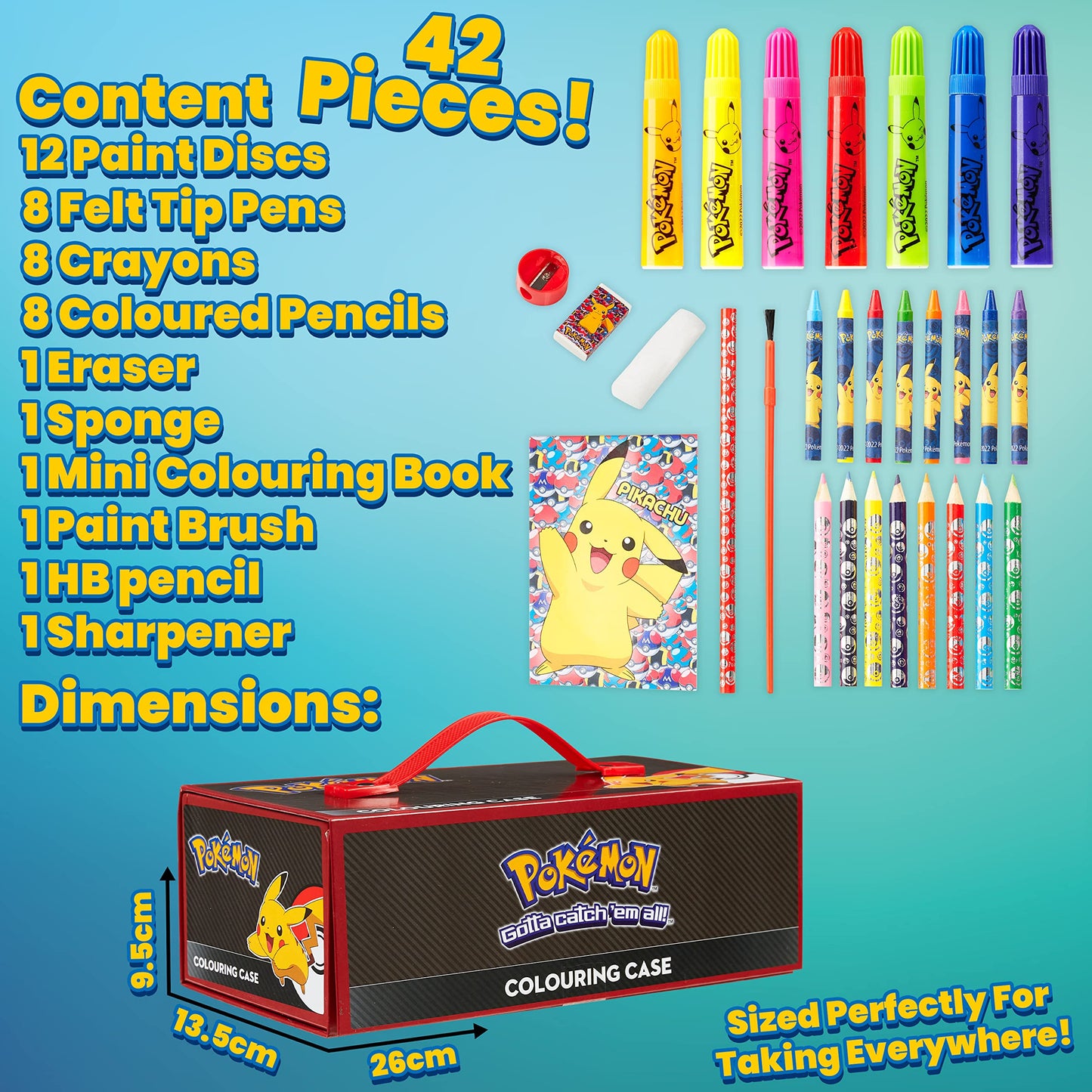 Pokemon art supplies set featuring coloring pencils, felt tip pens, watercolour paints, and wax crayons for drawing.