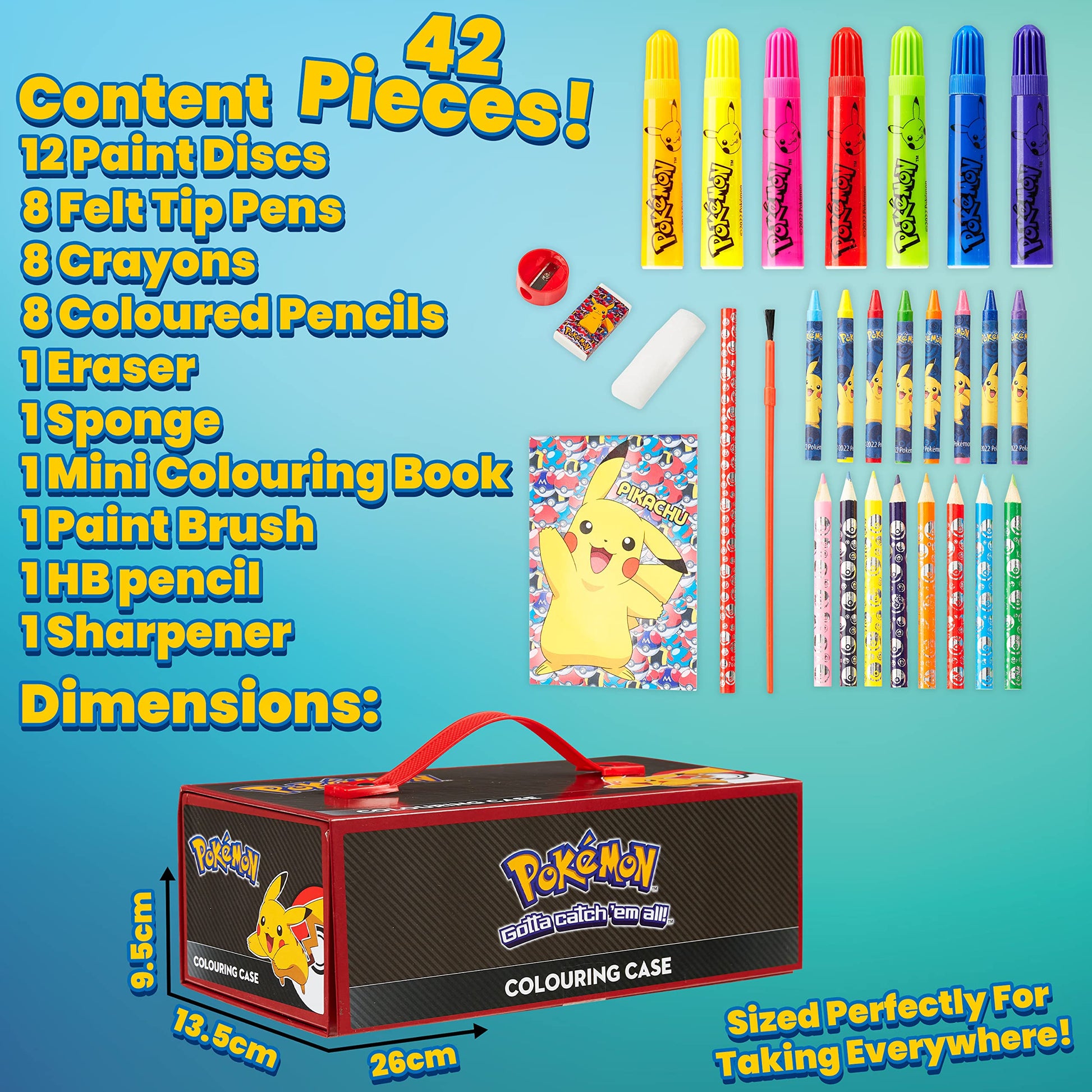 Pokemon art supplies set featuring coloring pencils, felt tip pens, watercolour paints, and wax crayons for drawing.