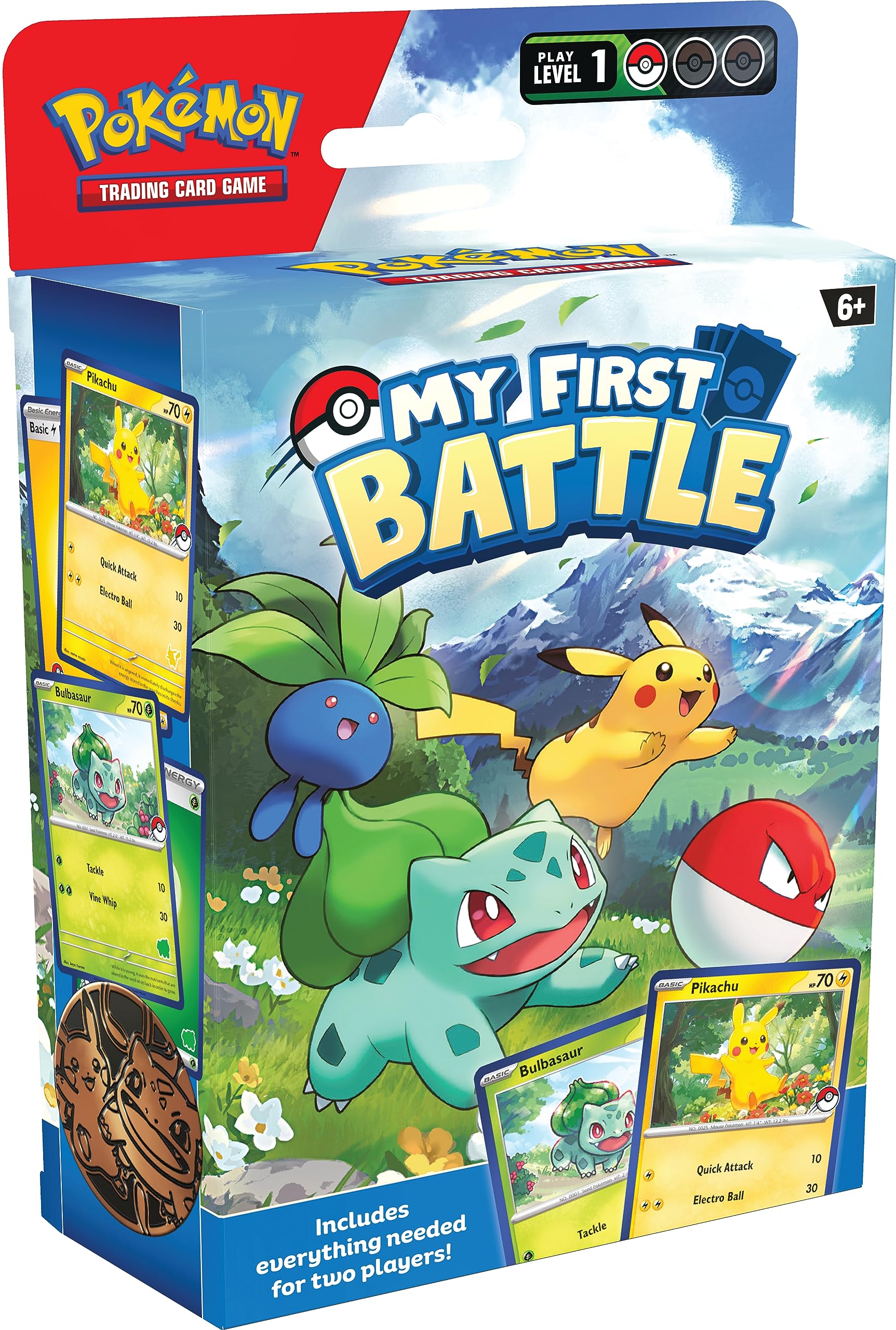 Two Pokémon TCG mini decks featuring Pikachu and Bulbasaur with accessories, ideal for beginner players.