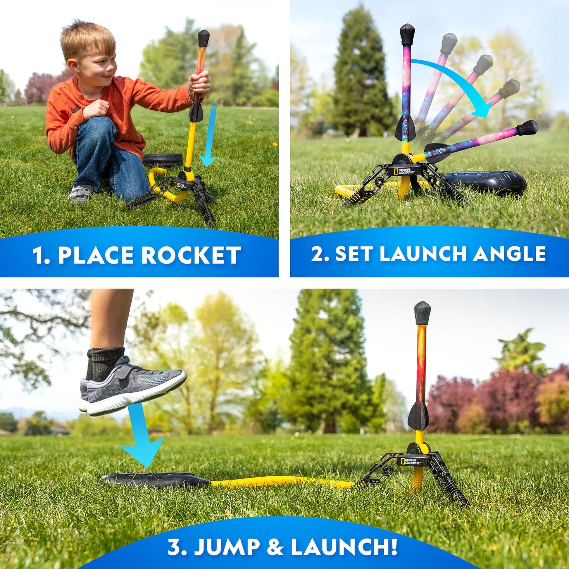 Blue Marble National Geographic air rocket launcher toy with LED foam rockets ready to launch outdoors for kids STEM play.