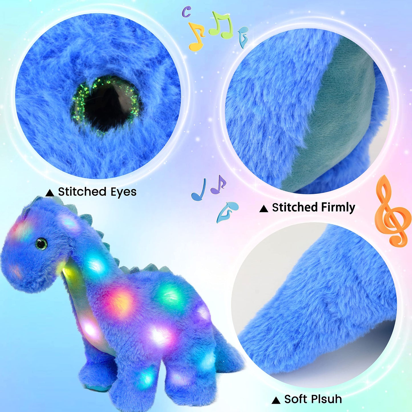 Hopearl LED Musical Stuffed Dinosaur Light up Singing Diplodocus Soft Plush Toy with Long Neck Adjustable Volume Lullaby Animated Soothe Gifts for Kids Toddlers, Blue, 16''