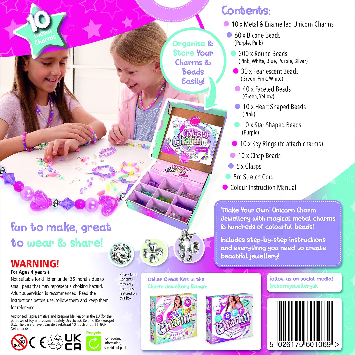 Unicorn Charm Jewellery | Create Beautiful Bracelets & Necklaces | Includes 10 Metal Charms And Over 300 Beads| Made With 100% Recycled Plastic | For Ages 4+