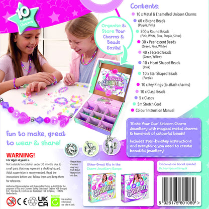 Unicorn Charm Jewellery | Create Beautiful Bracelets & Necklaces | Includes 10 Metal Charms And Over 300 Beads| Made With 100% Recycled Plastic | For Ages 4+