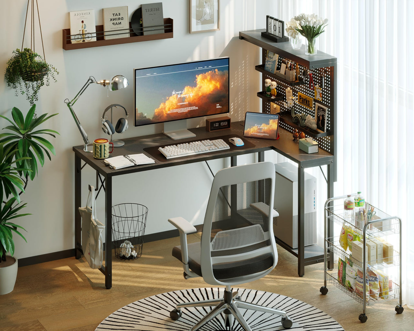 Xyphren 120*80cm L Shaped Gaming Desk with Pegboard Hutch & Shelves, Corner Gaming Desk with Power Outlet, Reversible Computer Desk with 3 Detachable Trays for Home, Bedroom, Office Workspace, Black