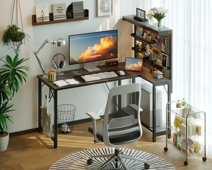 Xyphren 120*80cm L Shaped Gaming Desk with Pegboard Hutch & Shelves, Corner Gaming Desk with Power Outlet, Reversible Computer Desk with 3 Detachable Trays for Home, Bedroom, Office Workspace, Black