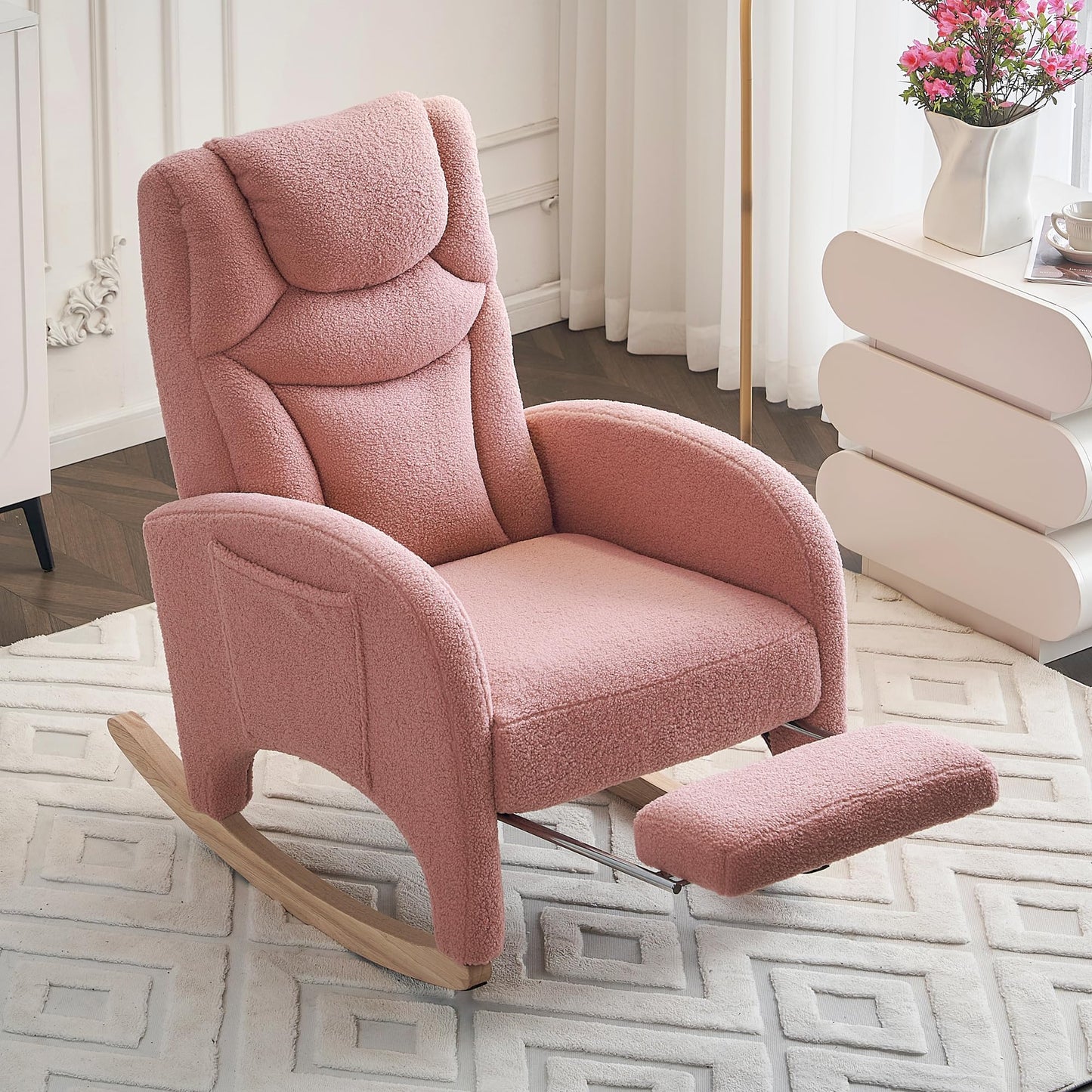 Pink DEKKETO teddy rocking chair with headrest, footrest, side pocket, perfect for nursery or adult relaxation, comfortable breastfeeding chair