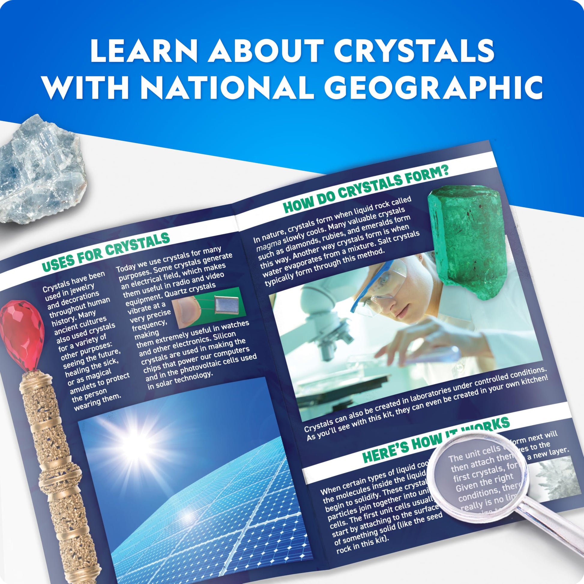 Blue Marble National Geographic crystal growing kit with vibrant crystals, display stand, guidebook, geode, and green fluorite specimens.