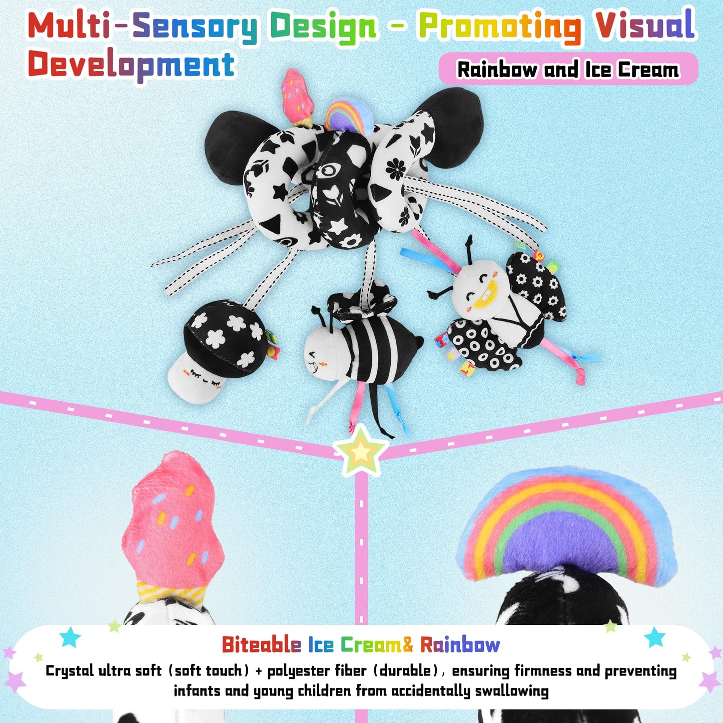 Zendstanding Spiral Car Seat Toys for Babies, 0-6 Months Stroller Pram Activity Hanging Toys High Contrast Black and White Sensory Toy, Newborn Soft Plush Travel Toy for Boys Girls