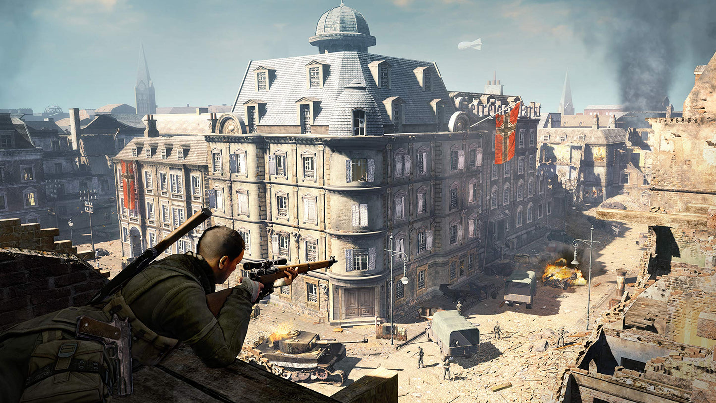Nintendo Switch game case for Sniper Elite V2 Remastered by Fireshine Games, featuring artwork of a sniper in action.