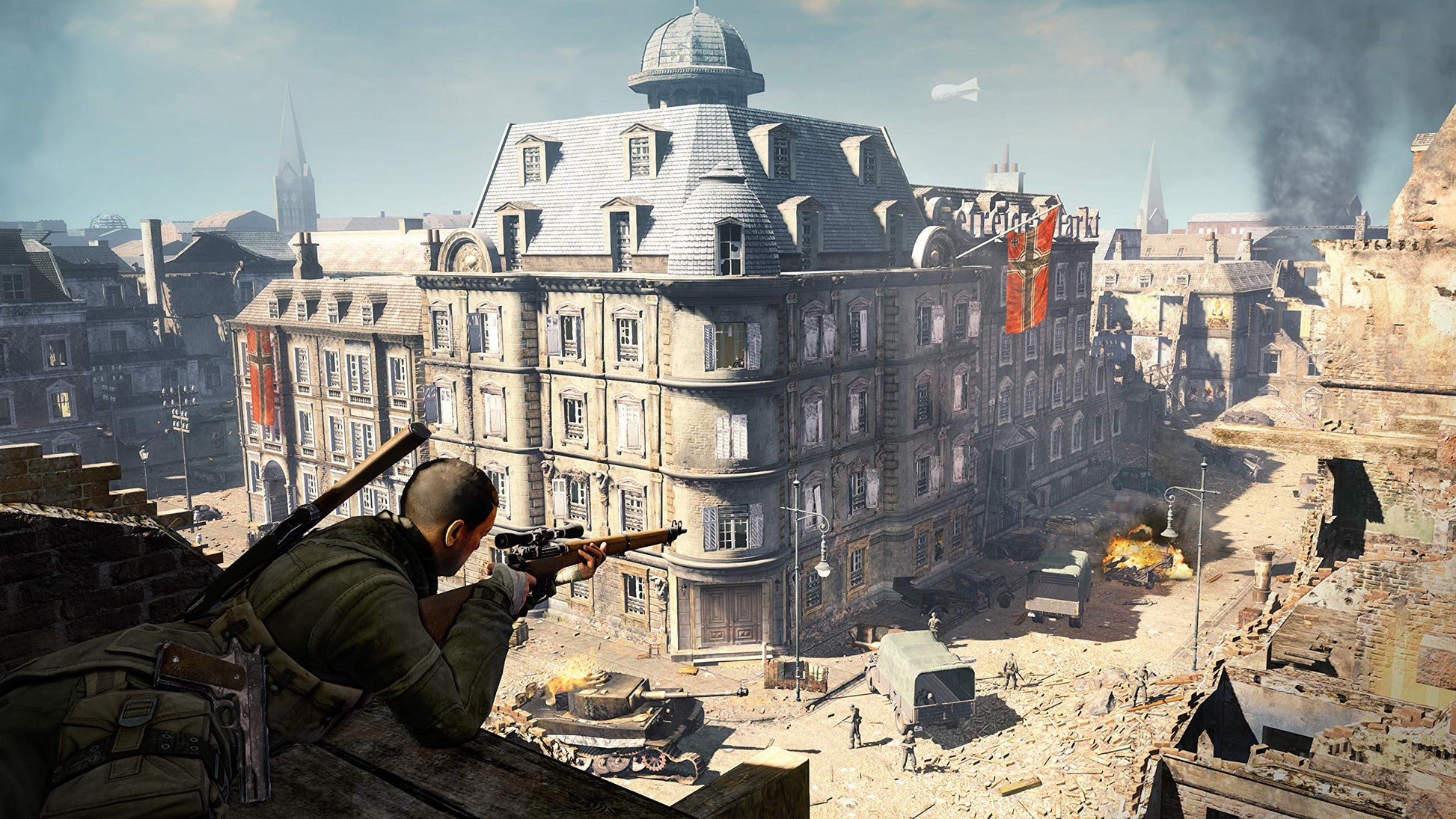 Nintendo Switch game case for Sniper Elite V2 Remastered by Fireshine Games, featuring artwork of a sniper in action.