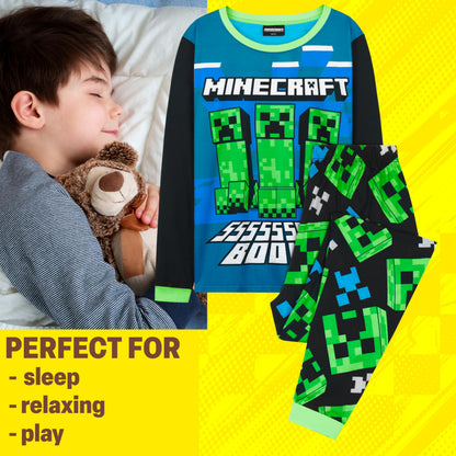 Get Trend Minecraft Boys Pyjamas Set, Long PJs for Kids & Teens, Creeper Loungewear Soft Nightwear, Gamer Gifts for Boys (7-8 Years, Blue/Green Minecraft)