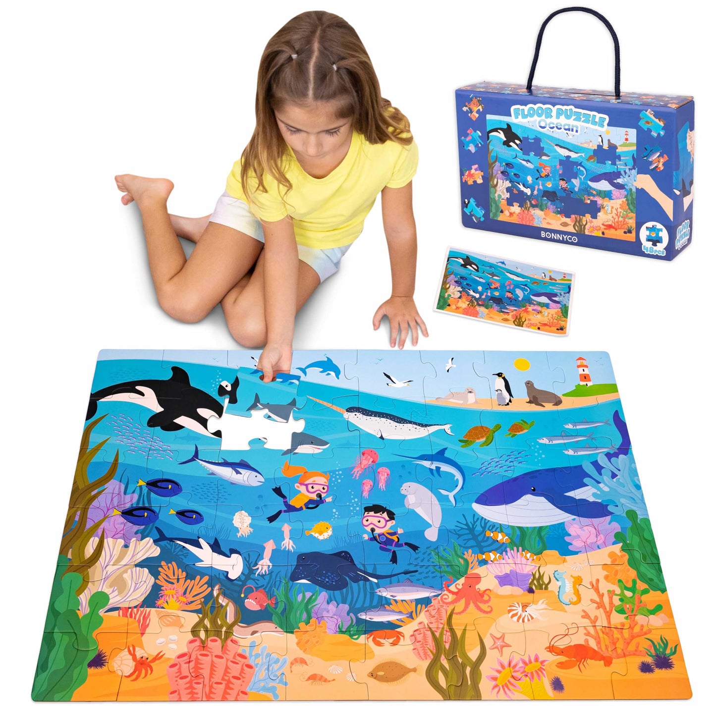 BONNYCO Giant Floor Puzzle of Ocean Animals with 48 Large Pieces. Jigsaw Puzzles for Kids 36.2 x 24.4 in, Gifts for Boys and Girls, Educational Toys Ages 2-8