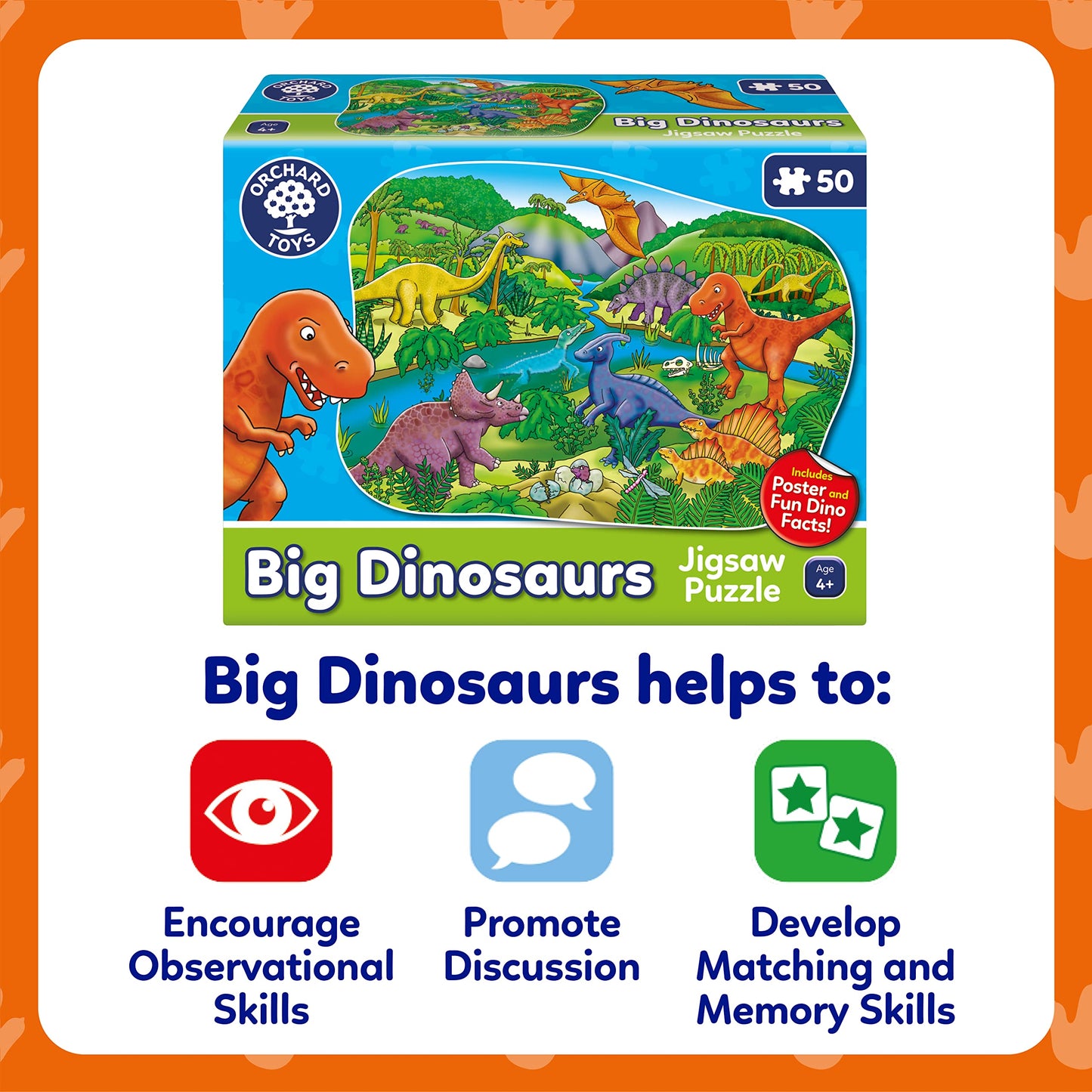 Orchard Toys Big Dinosaurs Jigsaw Puzzle for Kids - Large, 50-Piece, Dinosaur Floor Puzzles for 4+ Year Olds - Giant Games and Educational Toys for Children, Toddlers, Boys and Girls - 58 x 40 cm