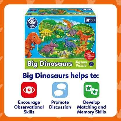 Orchard Toys Big Dinosaurs Jigsaw Puzzle for Kids - Large, 50-Piece, Dinosaur Floor Puzzles for 4+ Year Olds - Giant Games and Educational Toys for Children, Toddlers, Boys and Girls - 58 x 40 cm
