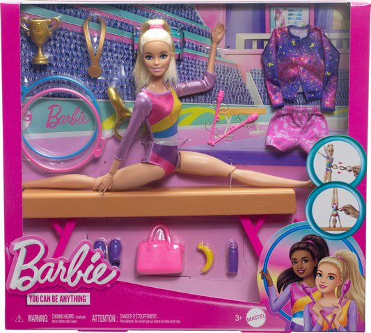 Barbie gymnastic fun play set featuring blonde doll, balance beam, and over 10 matching thematic pieces for imaginative play.
