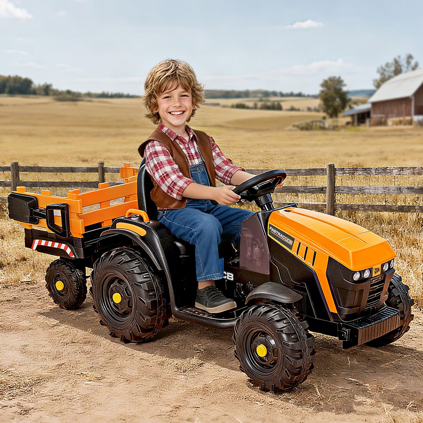 Hikiddo Licensed JCB Ride on Tractor Car, 24V Kids Ride on Tractor for Ages 3-8 with Trailer, Remote Control, 400W Motors - Yellow