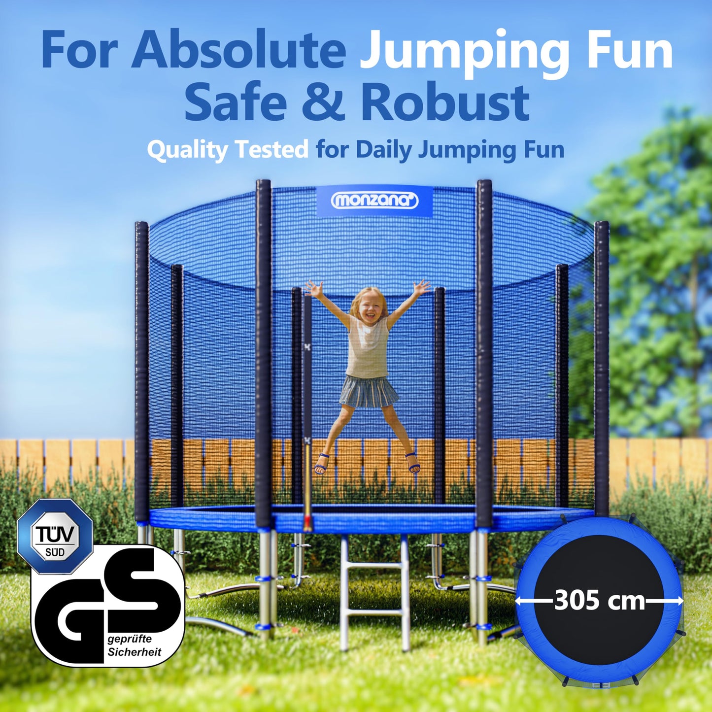 MONZANA® 10ft Trampoline Set with Safety Net & Ladder | Complete Outdoor Garden Trampoline for Kids & Adults | Heavy-Duty Frame Edge Cover, Spring Tool | Home Fitness Family Toddler Play Equipment