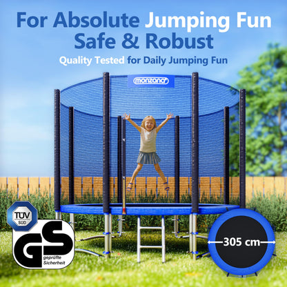 MONZANA® 10ft Trampoline Set with Safety Net & Ladder | Complete Outdoor Garden Trampoline for Kids & Adults | Heavy-Duty Frame Edge Cover, Spring Tool | Home Fitness Family Toddler Play Equipment