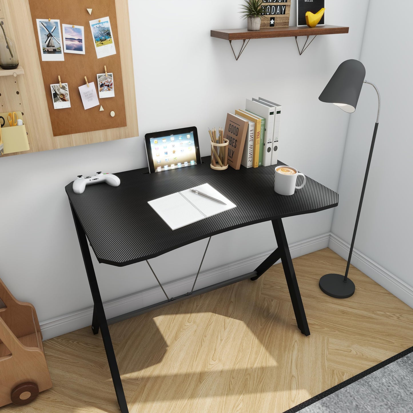 DEILALY 90 CM Width Gaming Desk Carbon Fiber Surface Gamer Table Computer Gamer Desk with Monitor Shelf Study Desk Work Station PC Table Carbon Steel Leg Corner