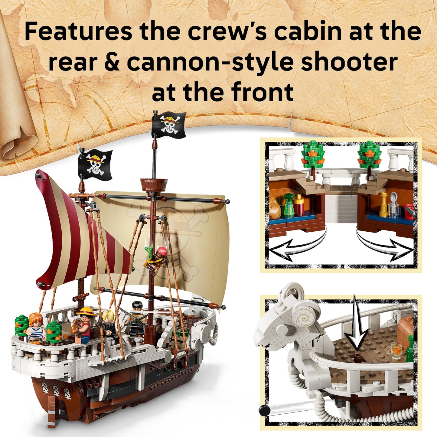 LEGO One Piece The Going Merry pirate ship model with Luffy, Zoro, and Nami minifigures, perfect for display and play.