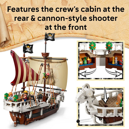 LEGO One Piece The Going Merry pirate ship model with Luffy, Zoro, and Nami minifigures, perfect for display and play.