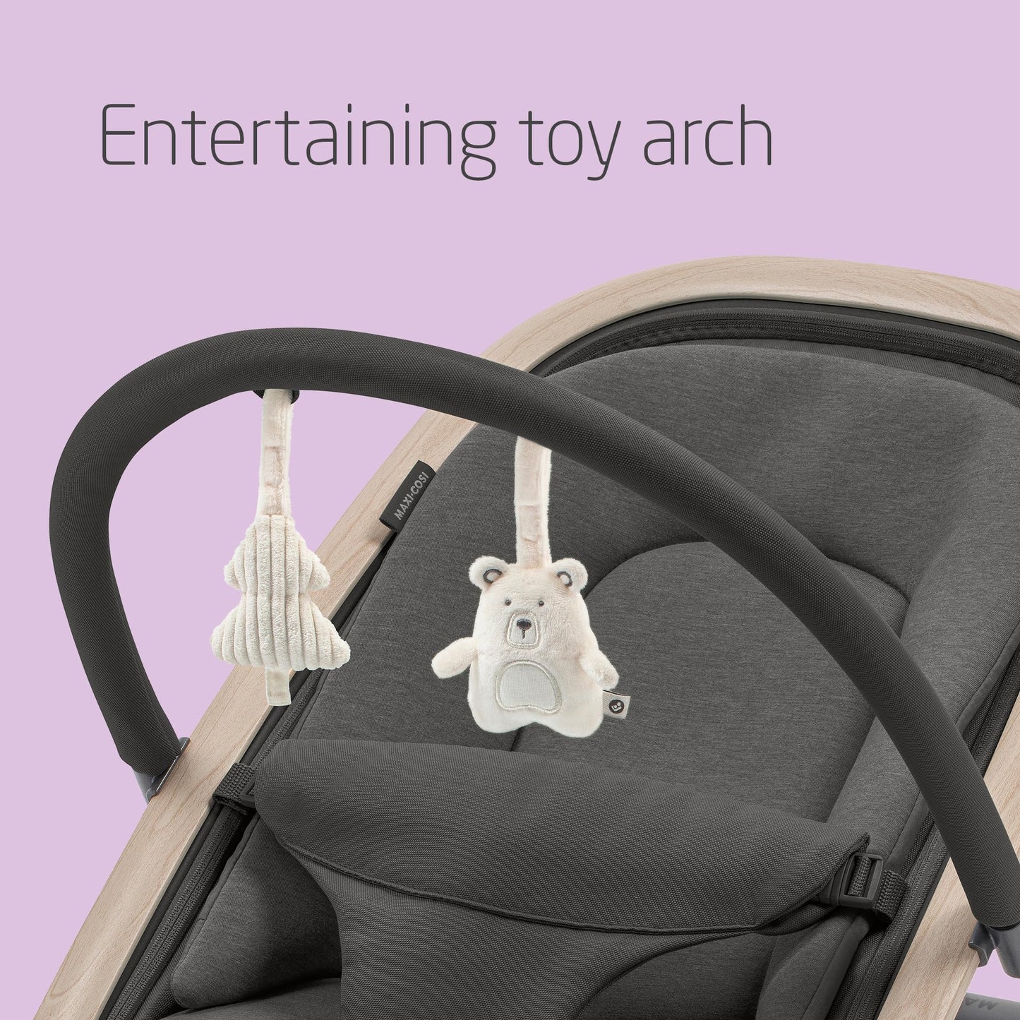 Maxi-Cosi Kori 2-in-1 ergonomic baby bouncer chair with toy arch, adjustable recline, harness, lightweight design, and newborn pillow.
