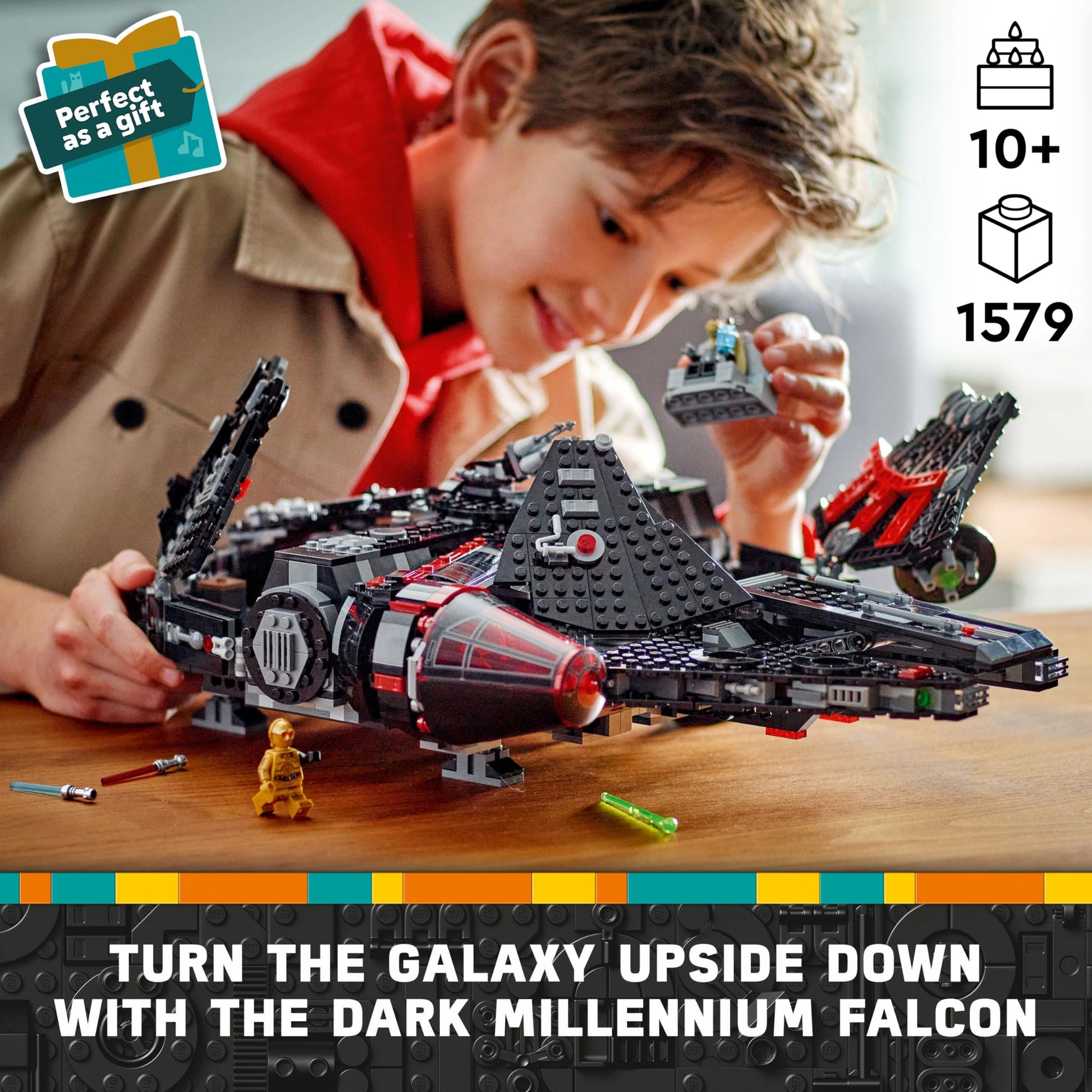LEGO Star Wars 75389 The Dark Falcon building toy with minifigures, spring-loaded shooters, and detailed cannons.