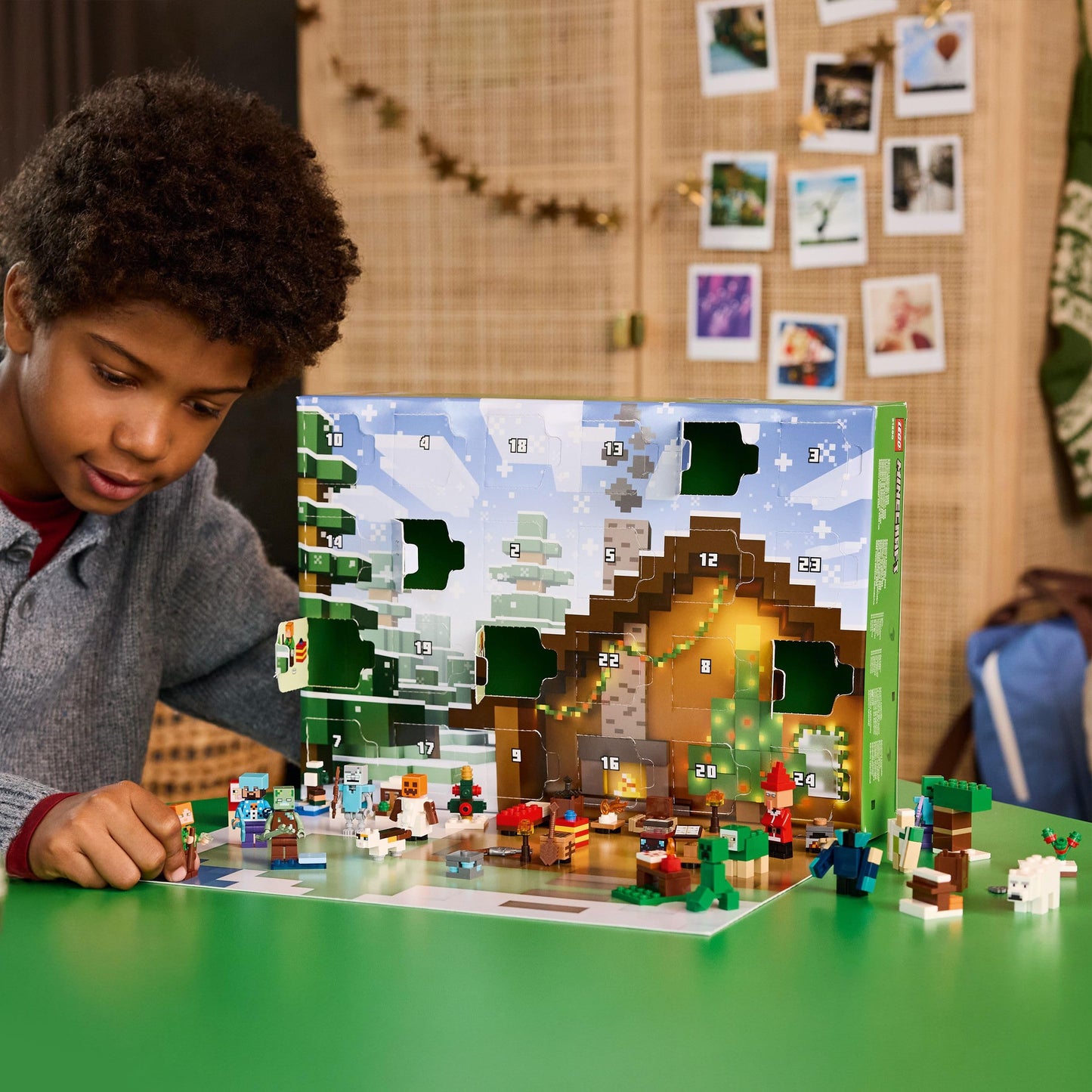 LEGO Minecraft Advent Calendar 2025 featuring 24 surprises, minifigures, and mini builds for kids aged 7 and up.
