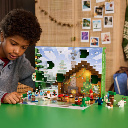 LEGO Minecraft Advent Calendar 2025 featuring 24 surprises, minifigures, and mini builds for kids aged 7 and up.