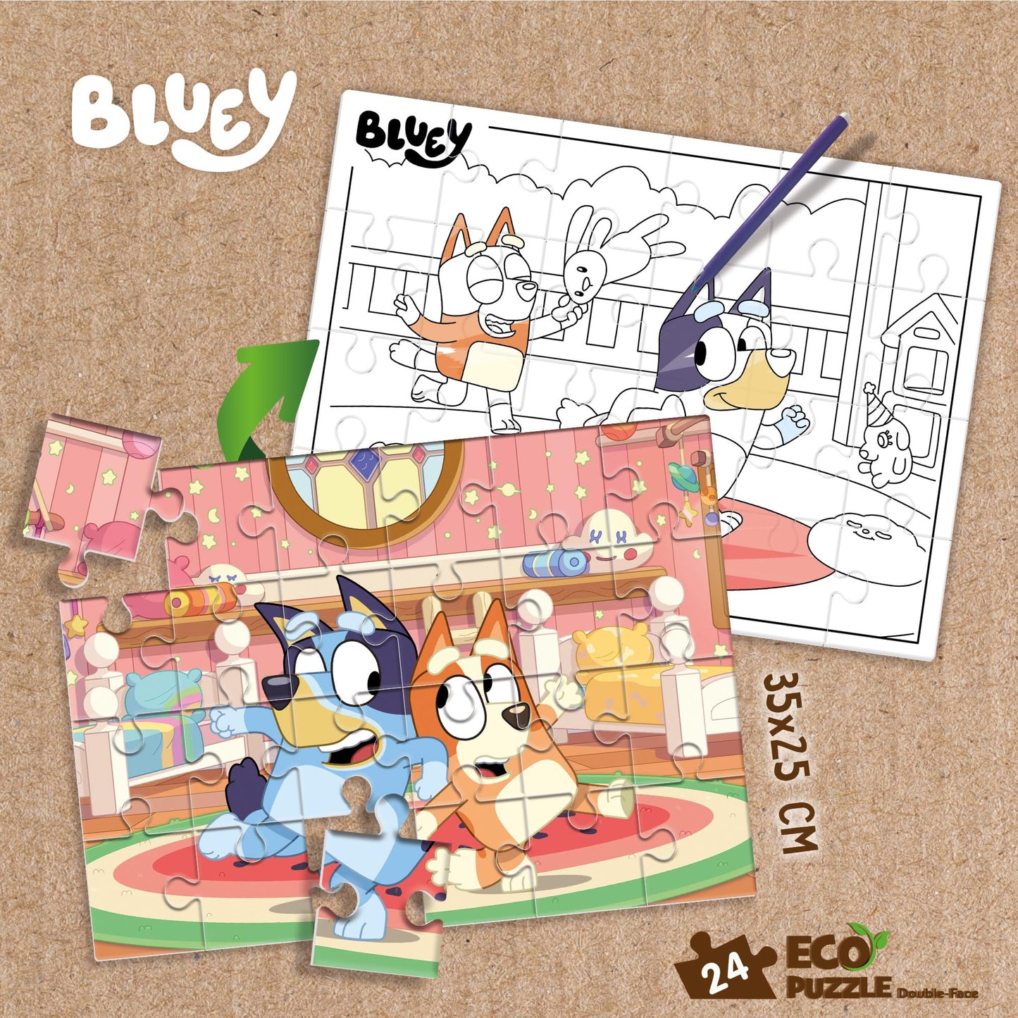Lisciani - BLUEY Puzzle - 24 Piece Double Sided Puzzle for Children from 3 years - Colouring Board - Format 25x35 cm - Bluey Educational Game - Manual Activity - 100% Recyclable - Birthday Gift Idea