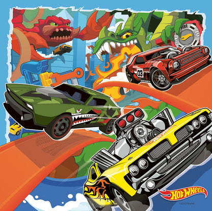 Ravensburger Hot Wheels jigsaw puzzles featuring vibrant car designs, perfect for kids aged 5 and up, 49 pieces each.