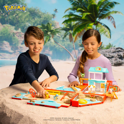 Pokémon Carry Case Beach Battle Playset with transforming backpack and 2-inch Pikachu figure displayed outdoors.