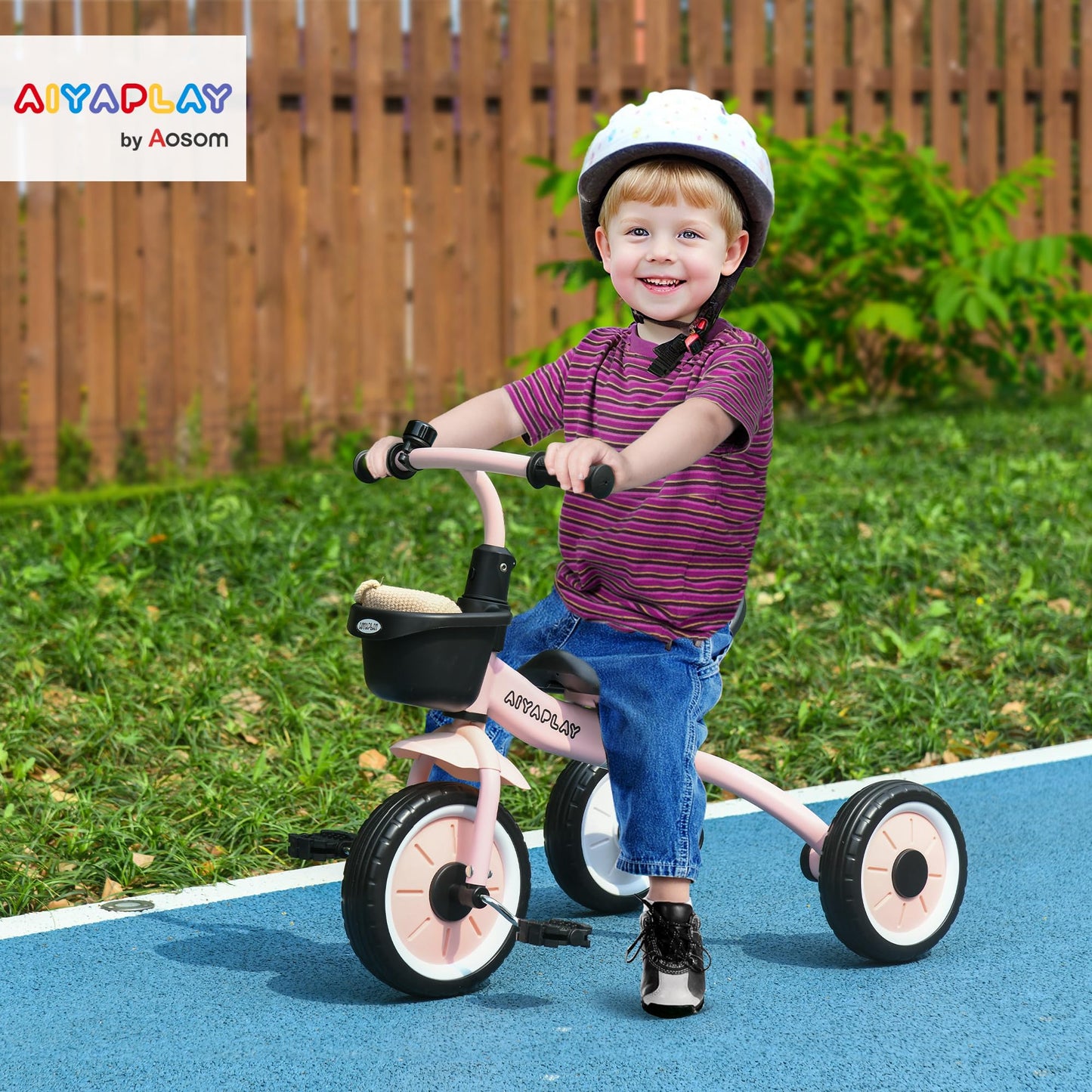AIYAPLAY Baby Trike, Toddler Tricycle with Adjustable Seat, Basket, Bell, Kids Tricycle for 2-5 Years Old, Pink