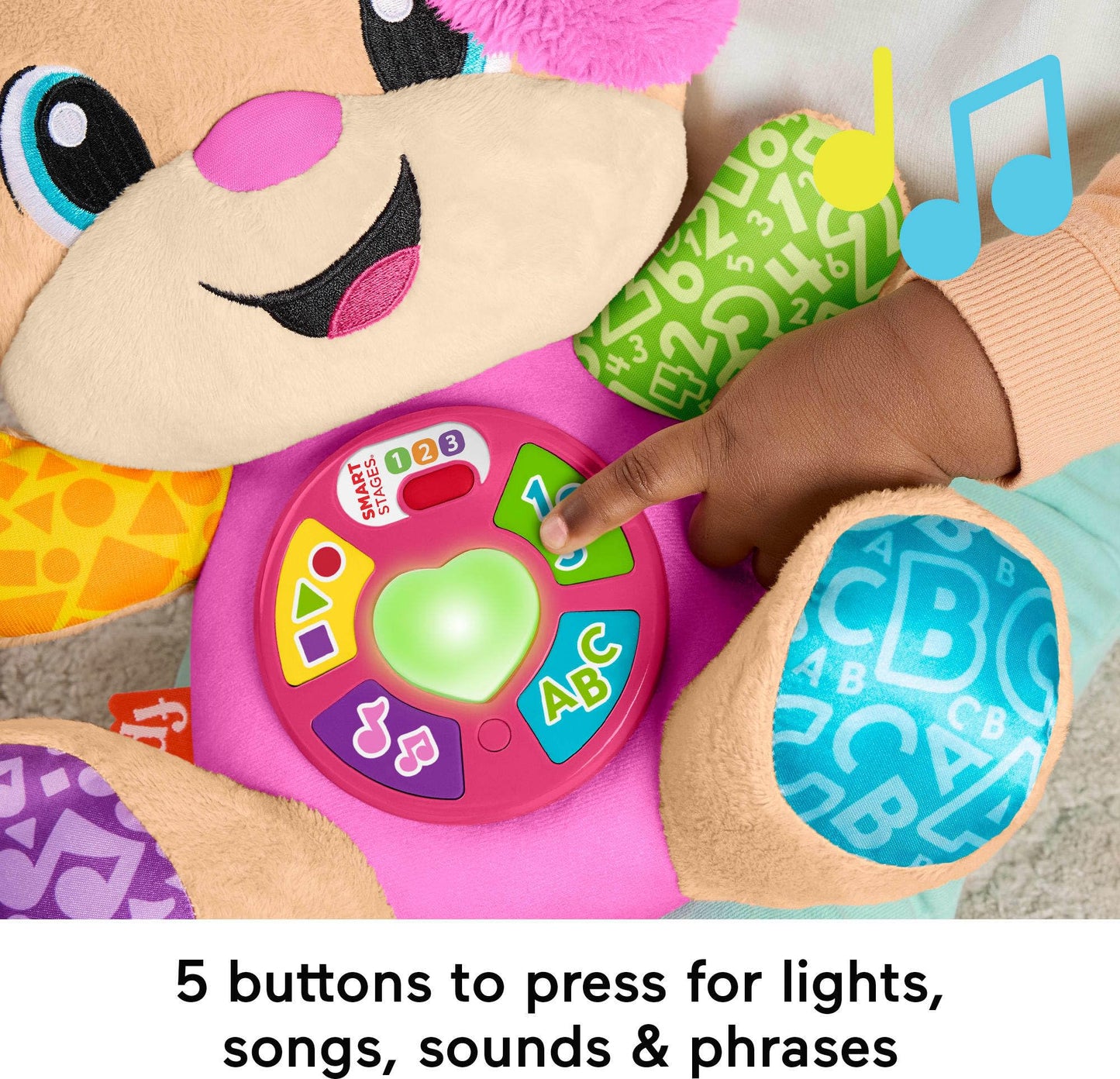 Fisher-Price Laugh & Learn Smart Stages Sis plush toy for infants, with lights and learning songs, suitable for babies 6 months and older.