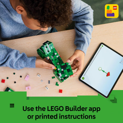 LEGO Minecraft The Creeper toy figure with hidden compartment, pig, and TNT element, ideal for gaming fans aged 10 and up.